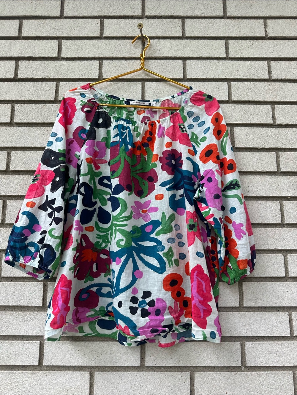 Punt Roma Floral Cotton Voile Peasant Blouse L Colorful Boho Balloon Sleeve